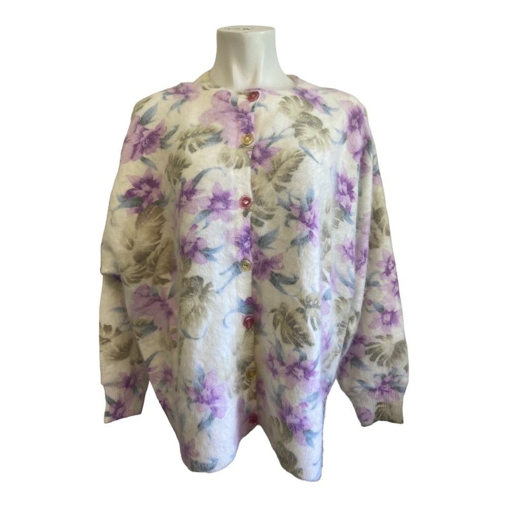 Lee Sands Women’s Orchid Monstera Print Angora Crew Neck Cardigan Size 1x Nwt